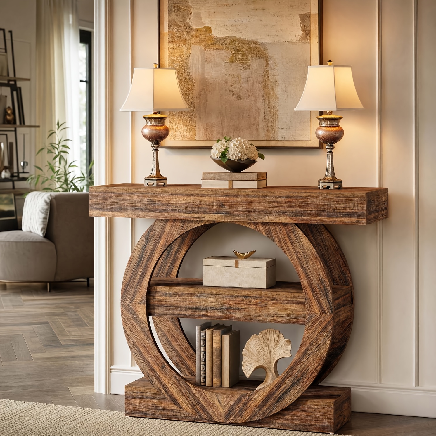 Image of 41.3" Farmhouse Console Table, 3-tier Sofa Table Behind Couch With Circle Base, Entryway Furniture With Storage Shelves For Living Room, Hallway, Foyer (rustic Brown)
