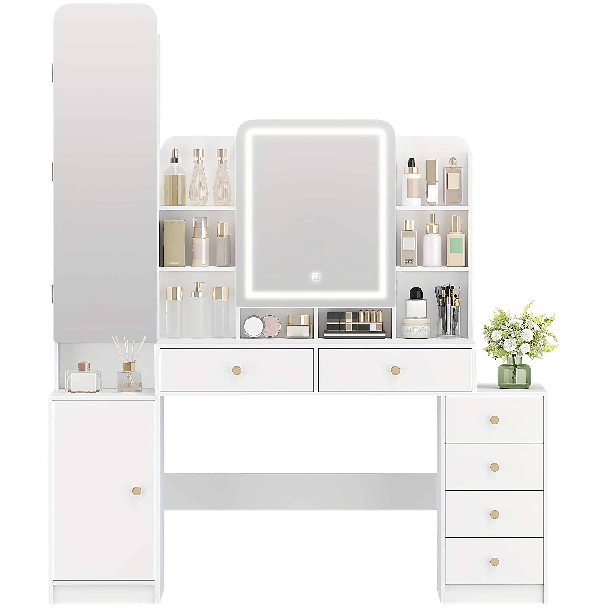 Illuminated Jewelry Storage Cabinet With Mirror And Compartments, Featuring 8 Open Compartments, 6 Drawers, And 1 Storage Compartment, In White, Jewelry Armoires