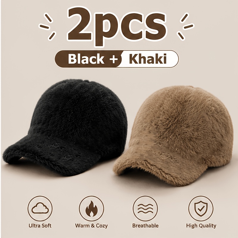 TEMU Ensemble de 2 casquettes de baseball pour femmes, bonnets d'hiver doux et chauds en peluche, casquettes de mode moelleuses et réglables, bonnet