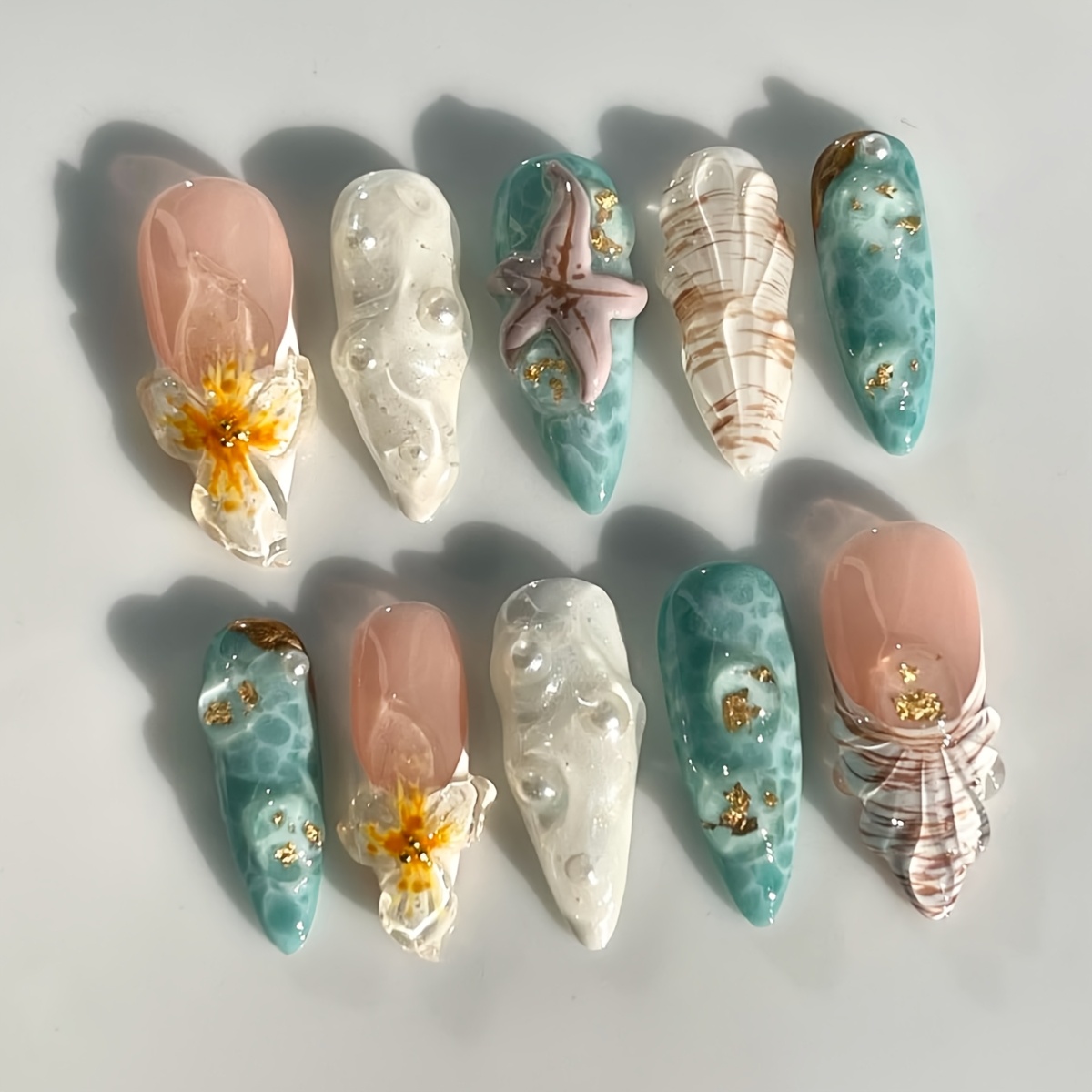 

10pcs Set -shaped Handcrafted , Color Ocean- With Floral, Starfish, Pearls & Seashell Accents, , Medium Length For Women And Girls & Gift