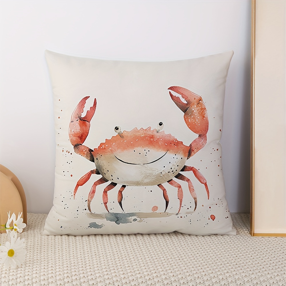

1pc, Crabs Throw Pillow Cover, For Nautical Home Decor Sea Animals Theme In Watercolor Style Effect On Plain Background, Decorative Square Shape Accent Cushion Pillow Case, 18" X 18", Vermilion