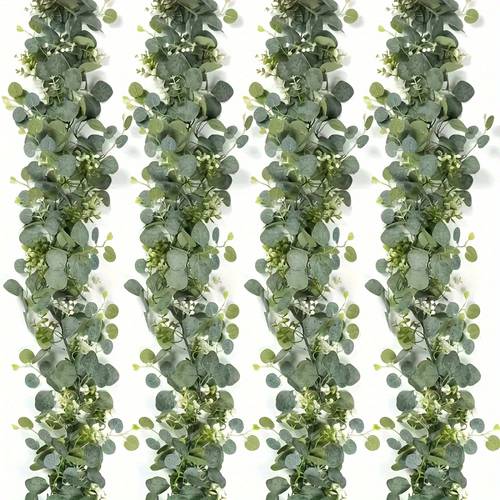 4pcs set of artificial eucalyptus garlands with white flowers 5 9 ft 180 cm long featuring silvery leaves and gypsophila weddings parties mantelpieces table runners home and office decorations