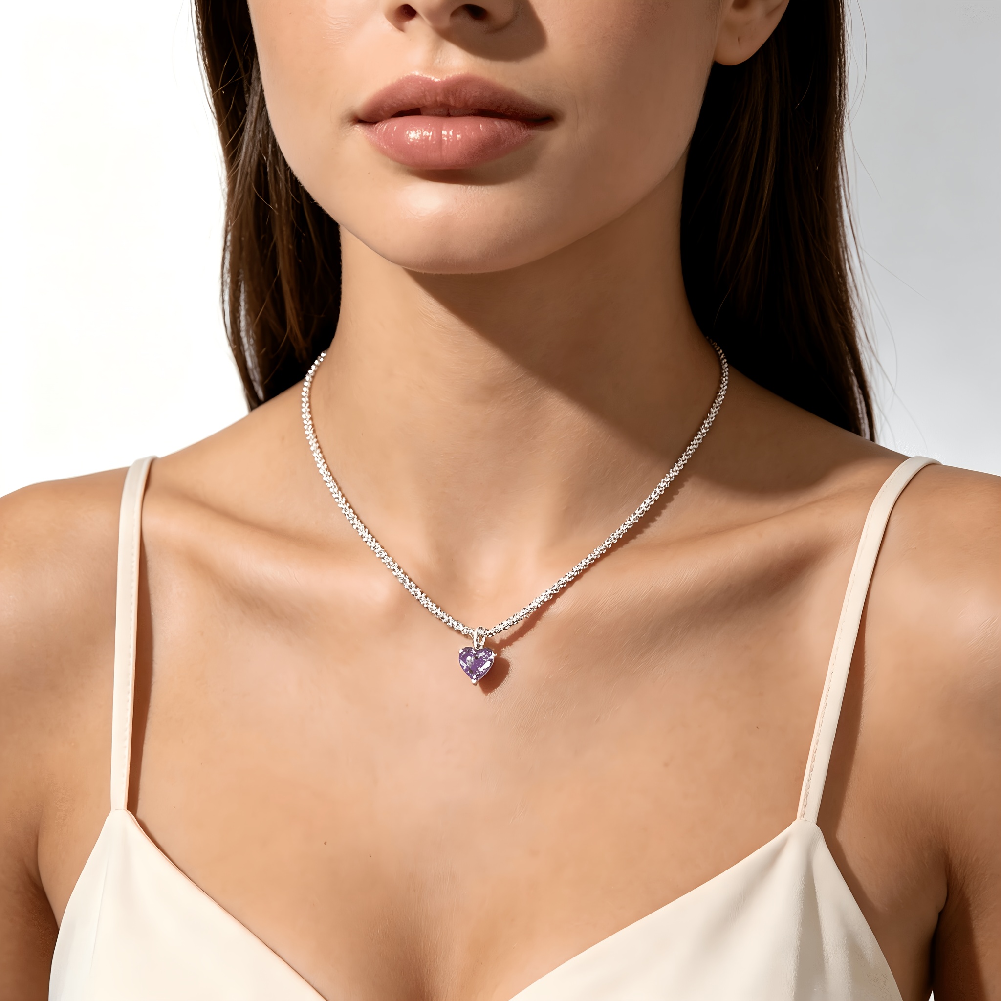 Silvery Copper Heart-Shaped Zirconia Pendant Necklace