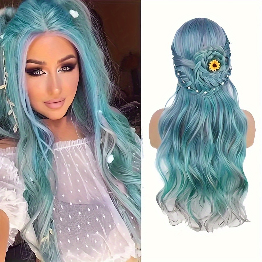 

Women's Long Wavy Synthetic Wig - 28 Inch Teal Blue Grey Green Ombre - Body Wave Style, High-temperature Fiber, 150% Density, Rose Net Cap - Suitable For All, Ideal For Cosplay And Daily Use