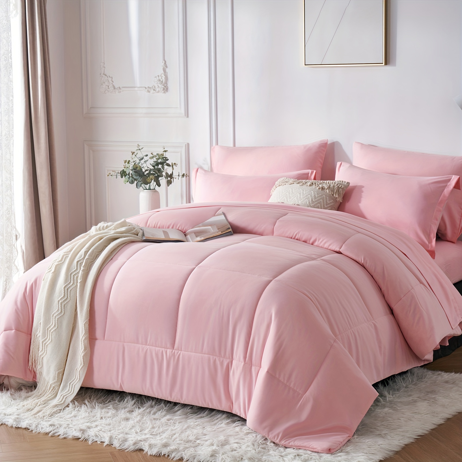 

5/7pcs Pink Down Alternative Comforter Sets, Twin/full/queen/king Size Bed In A Bag, Soft Microfiber Lightweight Bedding Set For All Seasons