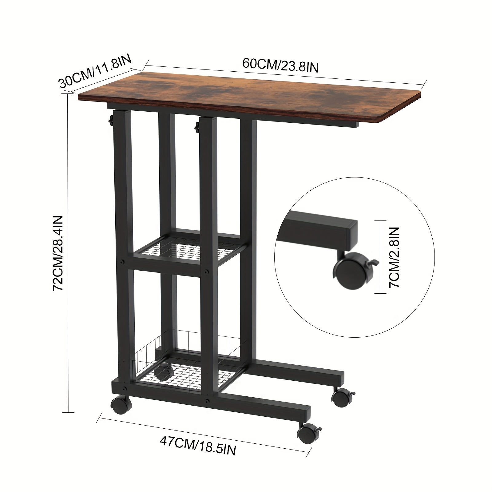 TEMU Rolling Side Table With Adjustable Height Wooden Desk, Featuring A 60x30x65cm Tabletop And 4 Swivel 360° Wheels, Suitable For Computer, Laptop,