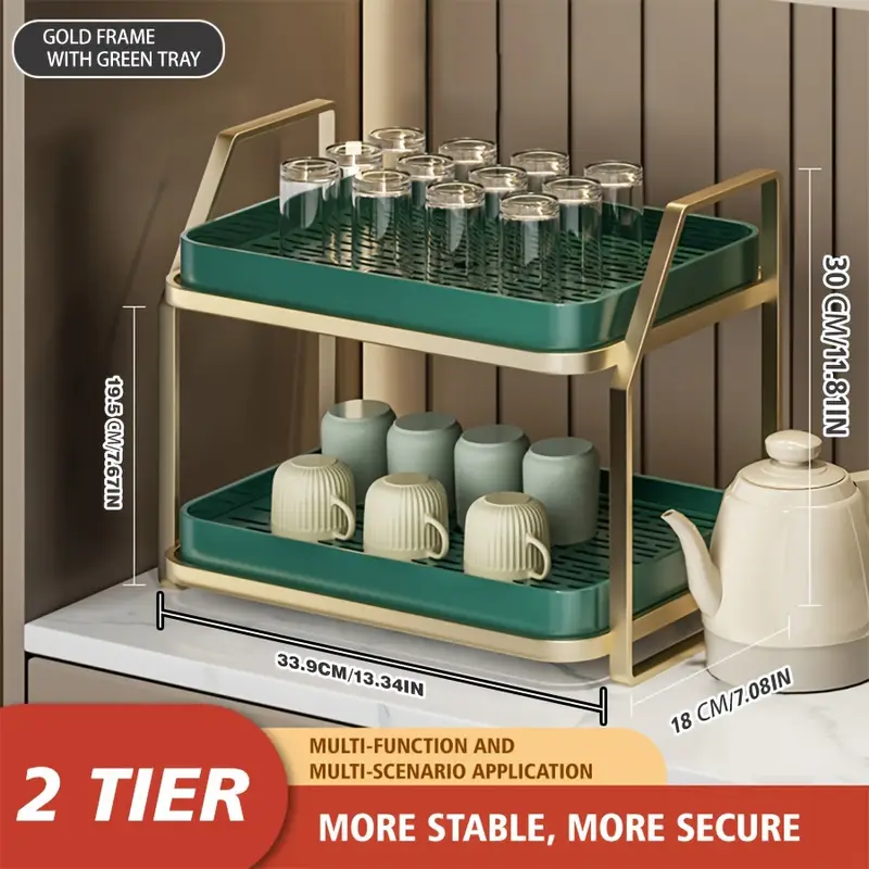 expandable double layer kitchen organizer rack golden metal frame with white plastic bins cup storage drainage coffee tea display shelf cutlery holder for countertop or cabinet multi purpose design cup display shelf solution functional design kitchen organizers and storage utility racks Product details 1