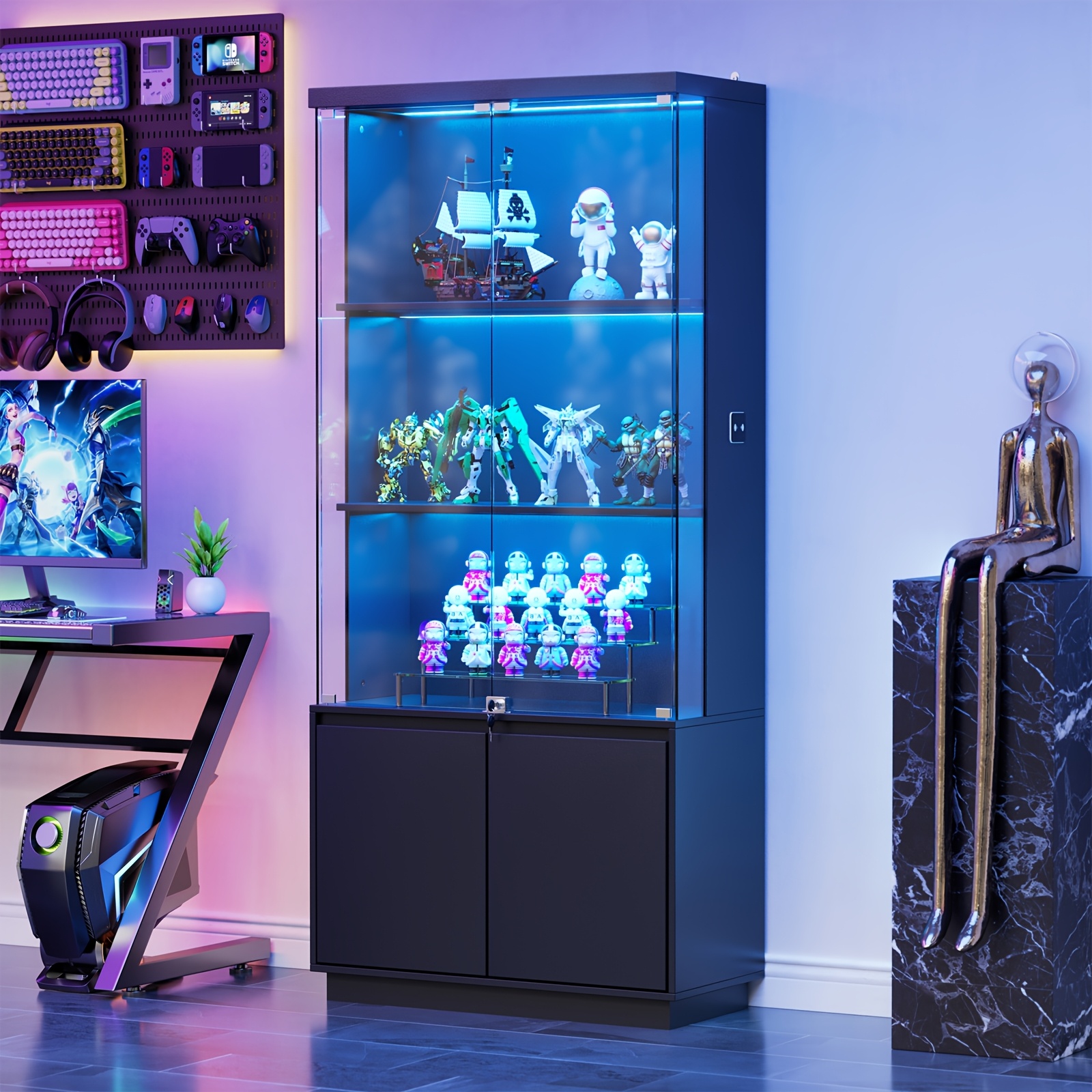 Showcase, Glass Display Unit Featuring Led Lighting, Equipped With 4 Shelves, , And Compartment, Dust-resistant For Living Counters, Ideal For Collectibles, Books, And Wine, Measuring 75*38*180 Cm