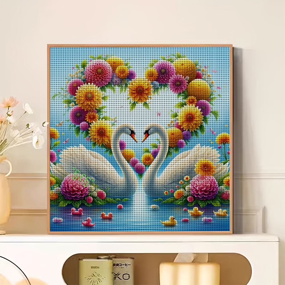 Frameless Cross Stitch Printed Kit, Double Swan Heart-Shaped Flower Ornament