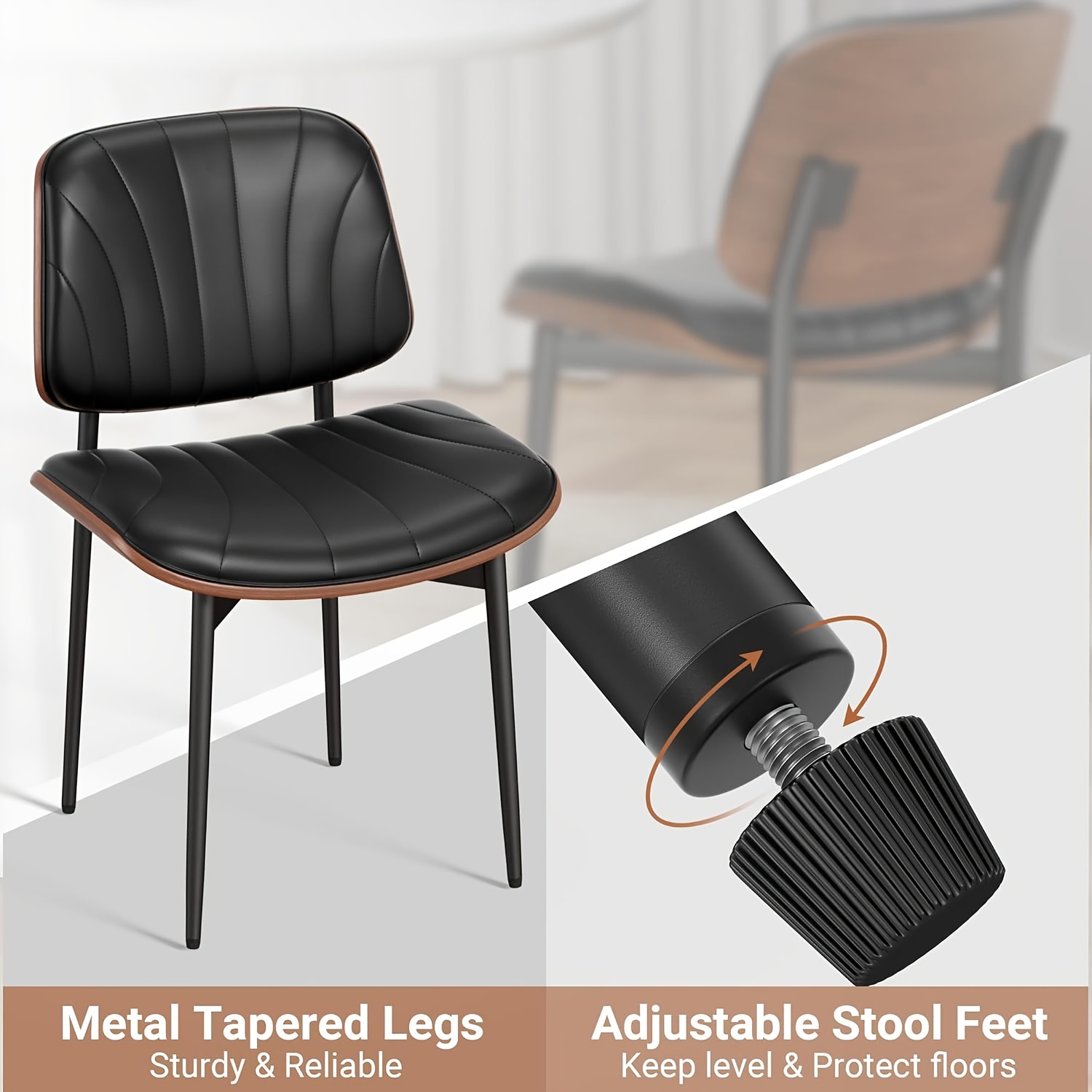 Padded Seat & Backrest - Modern Faux Leather Dining Chairs - Set Of 2 - Metal Legs with Adjustable Feet - for Kitchen, Dining Room, Office