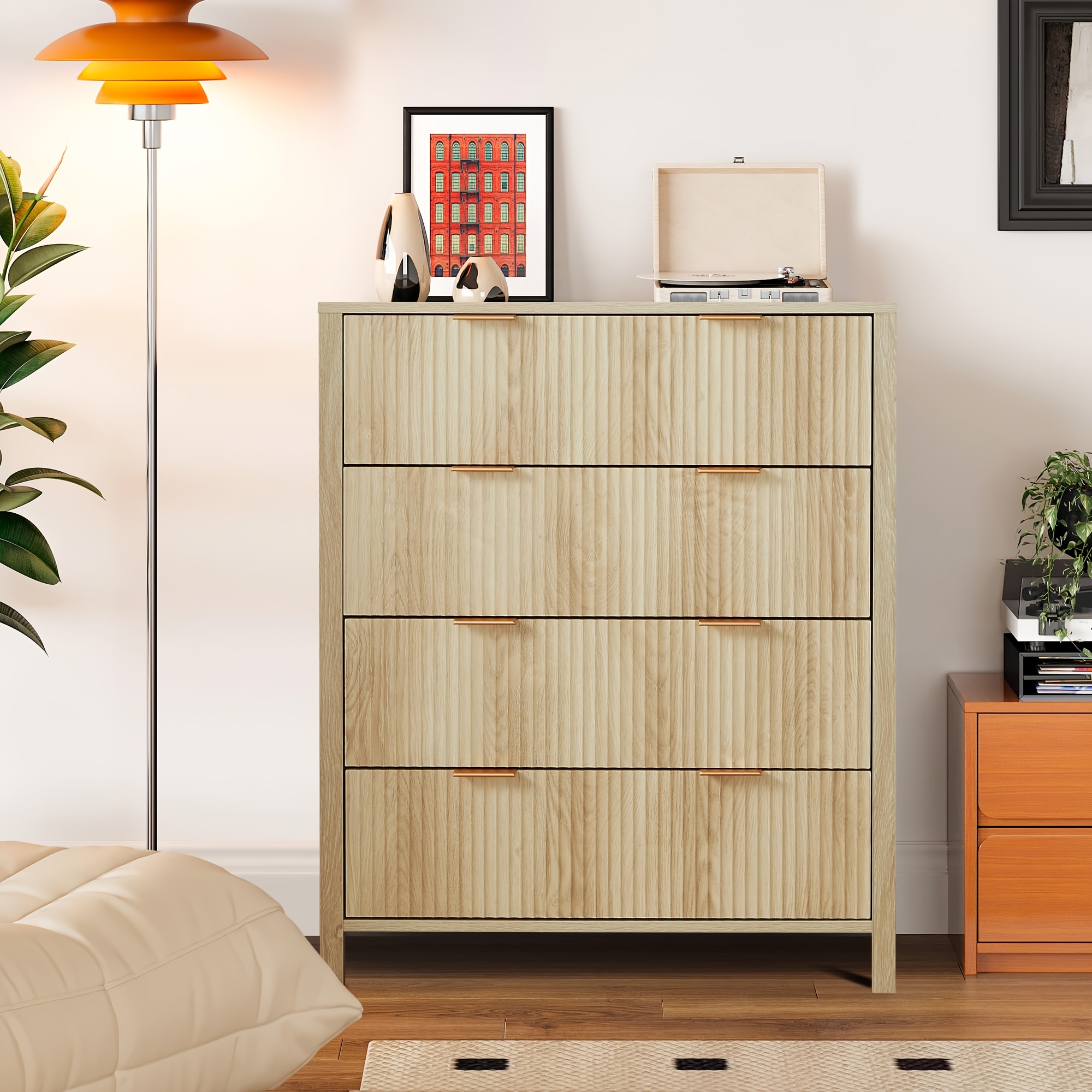 Image of 4 Drawer Dressers For Bedroom, Modern Closet Chest Of Drawers With Waveform Fluted Panel, Large Wood Storage Dresser Organizer For Bedroom Living Room Hallway Closet