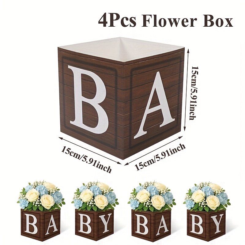 TEMU 4pcs, Packs de fête, Boîtes cadeaux en papier, Boîtes à fleurs carrées avec motif bébé et grain de bois marron, Décoration de fête sur le thème