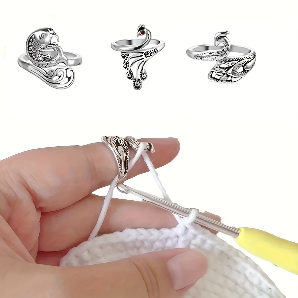 

3pcs Set Adjustable Crochet Rings For Finger - Vintage Silvery , Metal Yarn Guide Tail Rings For Knitting & Crafting