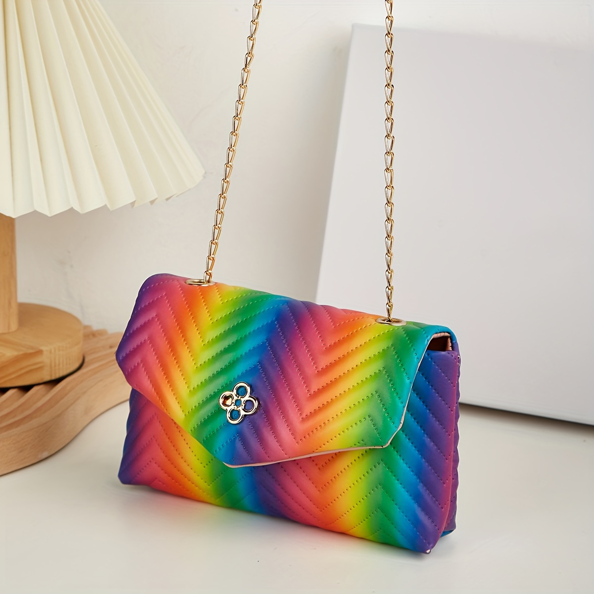 TEMU Chic Rainbow Mini Crossbody Bag For Women - Lightweight, Fashionable Wave With Detachable Strap, Magnetic Closure - Available In Multiple Colors