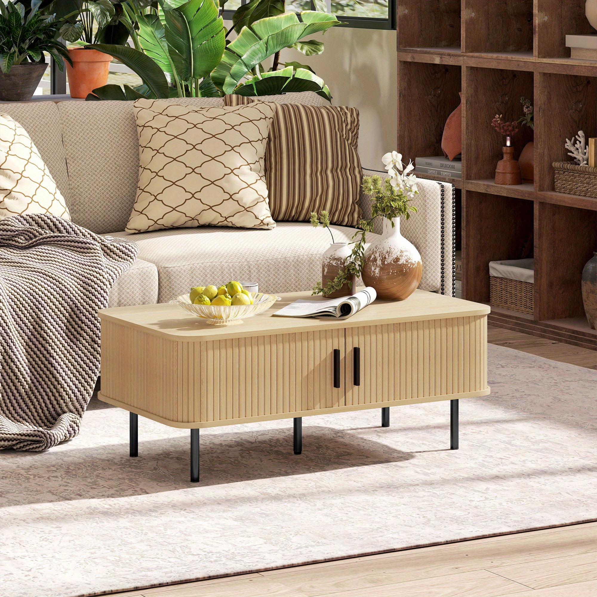 TEMU HOMCOM Table basse de style scandinave avec tiroirs de rangement, dessus en bois d'ingénierie et cadre en métal - Finition beige clair, poignées