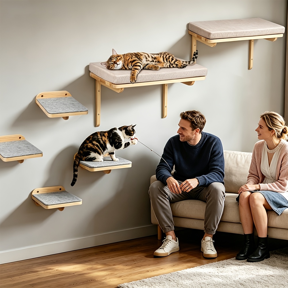 Image of 6pcs Solid Wood Wall Cat Tree - Climbing Steps And Jumping , Mounted Cat Furniture For Vertical Play, Than Floor Towers, Multi-cat Household, Modern Natural Look