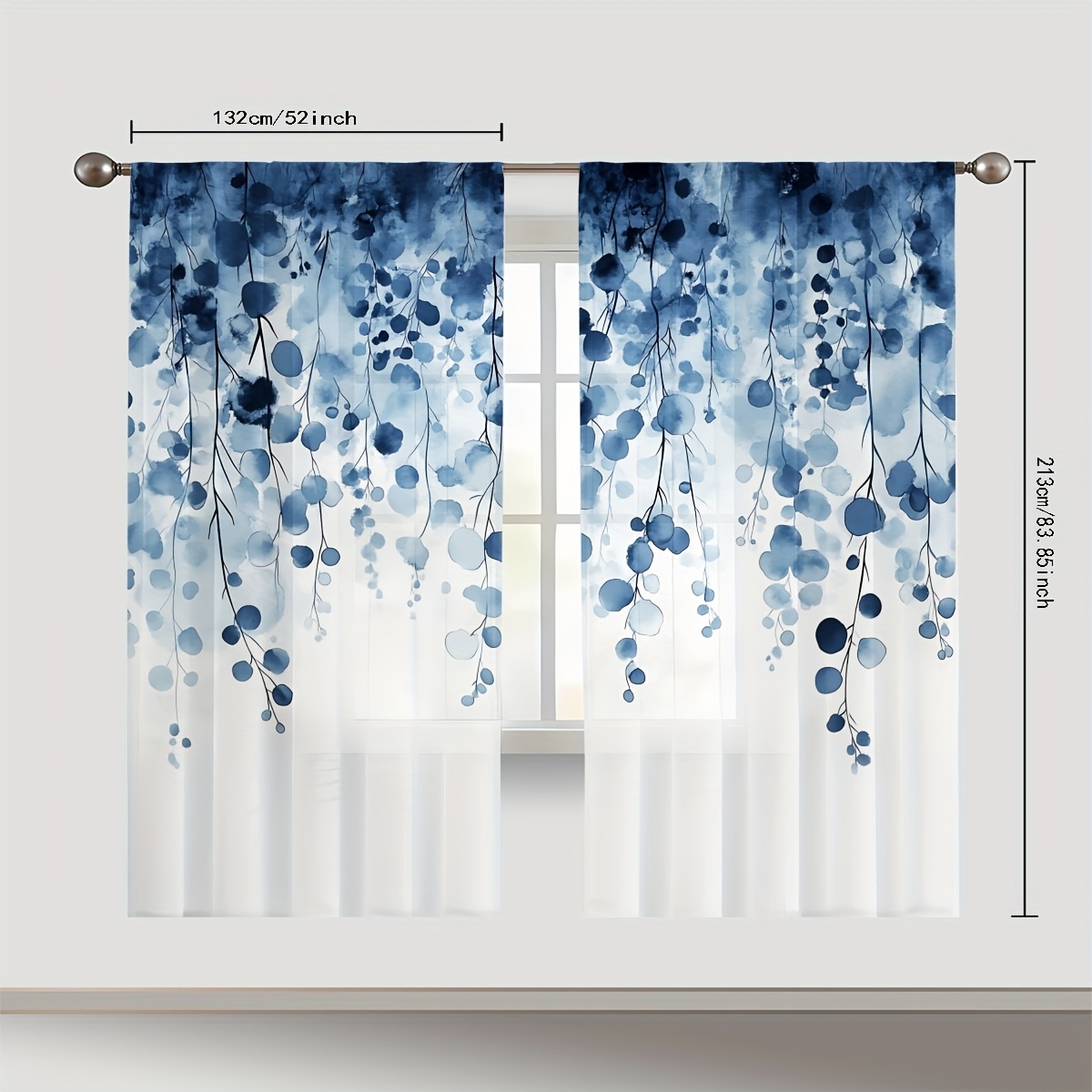 TEMU 2pcs Rideaux Abstraits Feuillage Bleu Aquarelle - Terylène Léger Semi-Transparent avec Poche pour Tringle, Décoration Intérieure/Extérieure pour