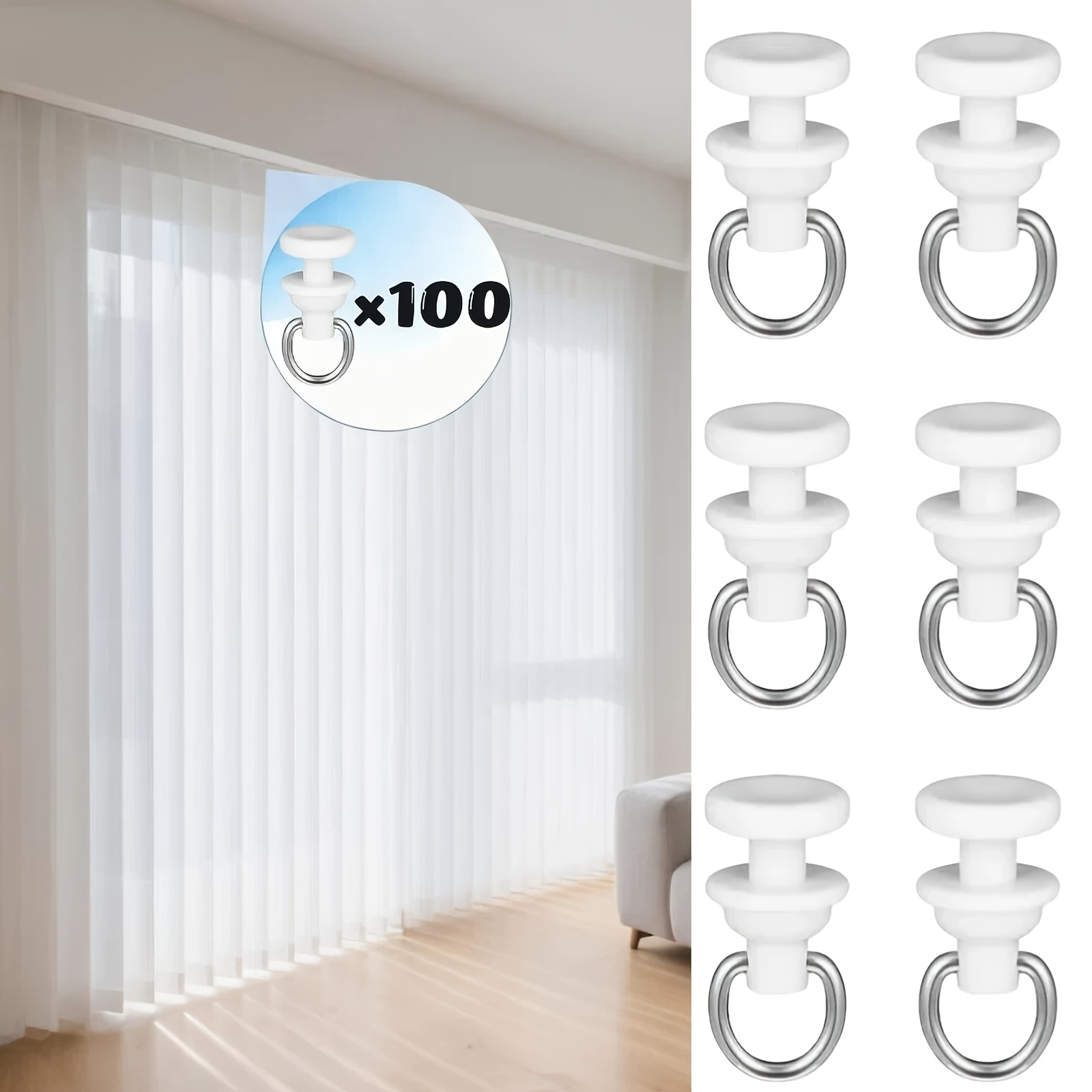TEMU 100/200/300pcs White Curtain Track Roller System Kit - Heavy-duty Plastic Quiet Gliding Track Rollers With Curtain Hooks, Compatible With