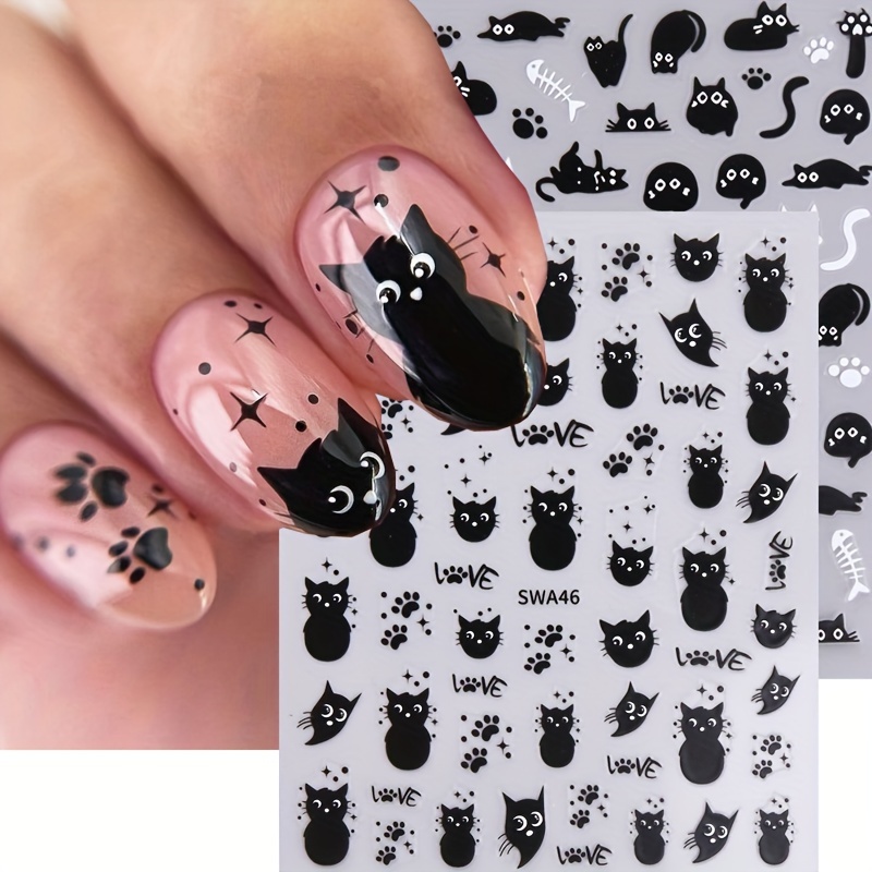 

2-pack Black Cat Nail Art Stickers, Cartoon Animal Self-adhesive Decals, Diy Nail Salon Art Decorations, Plastic Unscented Shimmery Finish, Animal Print With Glitter, Single Use For Women