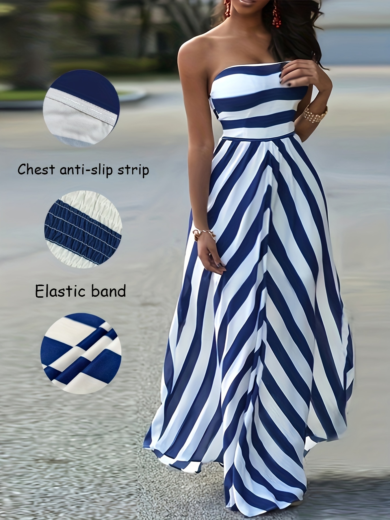 Spring/Summer Strapless * Blue And White Striped Waist- Dress