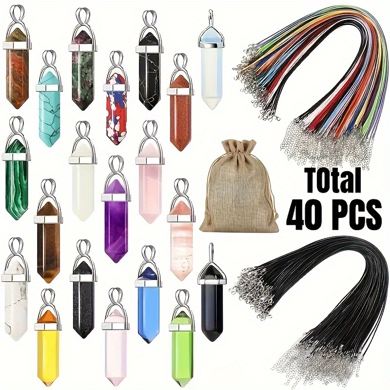 

40pcs Chakra Crystal Pendant Necklace Set - Hexagonal Bullet-shaped Gemstone With Faux Leather Cords & Storage Bag - Ideal For Peace & Calm, , Necklace Chain