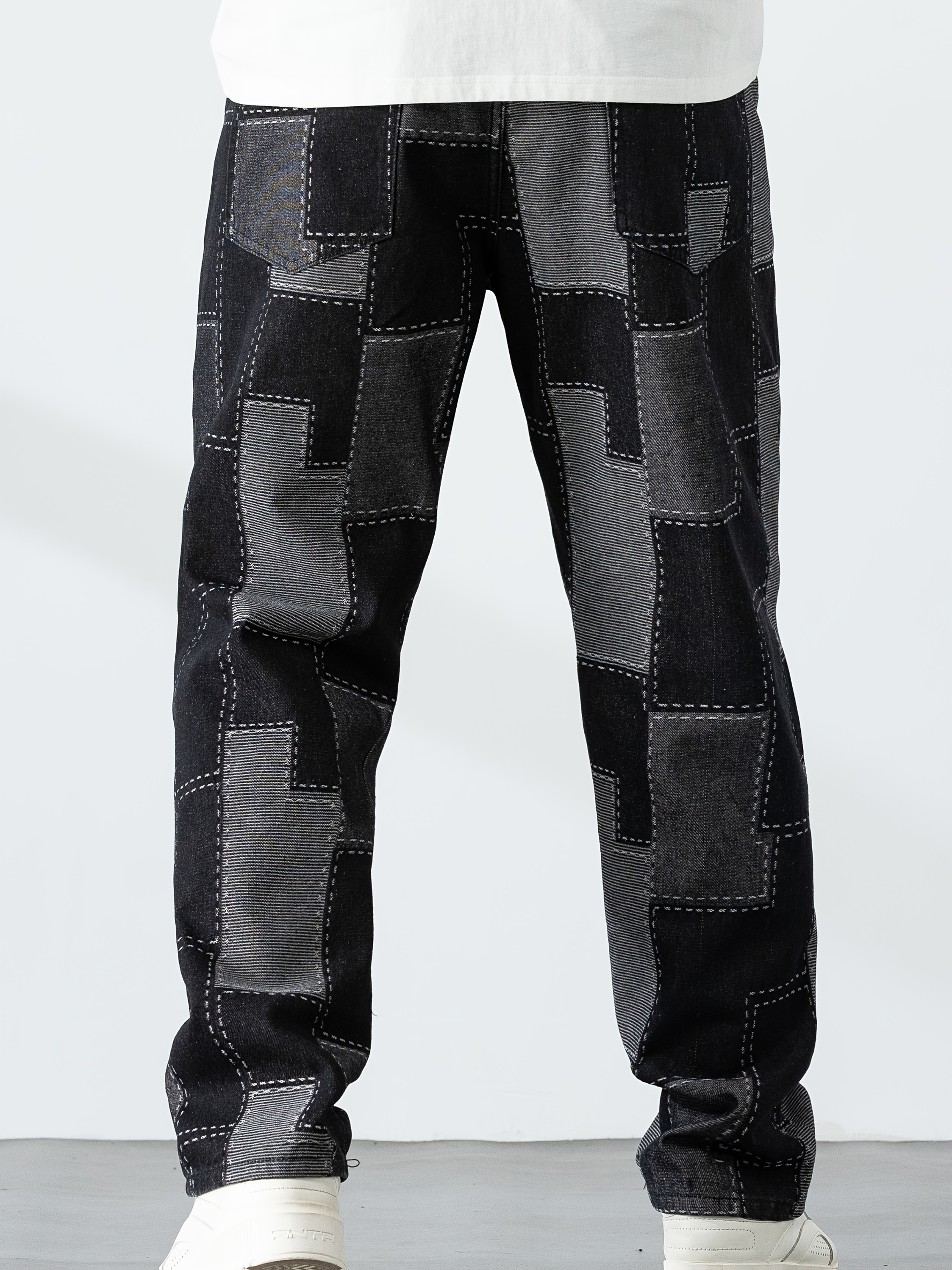 Men's Casual Checkered Straight-Leg Denim Pants - Loose Fit, Blend, Geometric Pattern, All-Season Wear, PLUS SIZE
