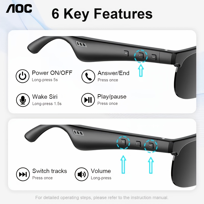 AOC Wireless Open Ear Audio Glasses, HD Call, Long Battery, for Citywalk, Walking, Gym, Daily Wear