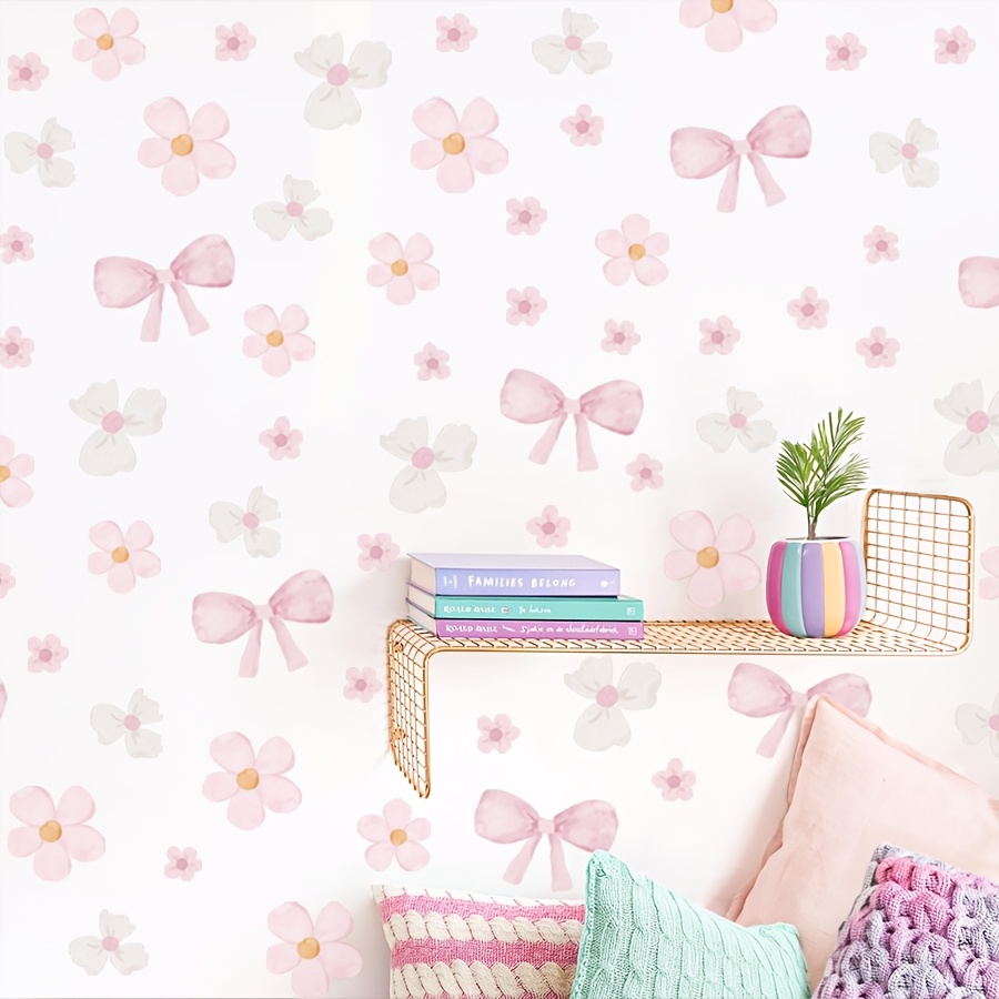 3 Sheets 20 X 30cm Pink Flower Bow Wall Sticker For Bedroom, Living Room, Home Decoration, Self-adhesive Pvc