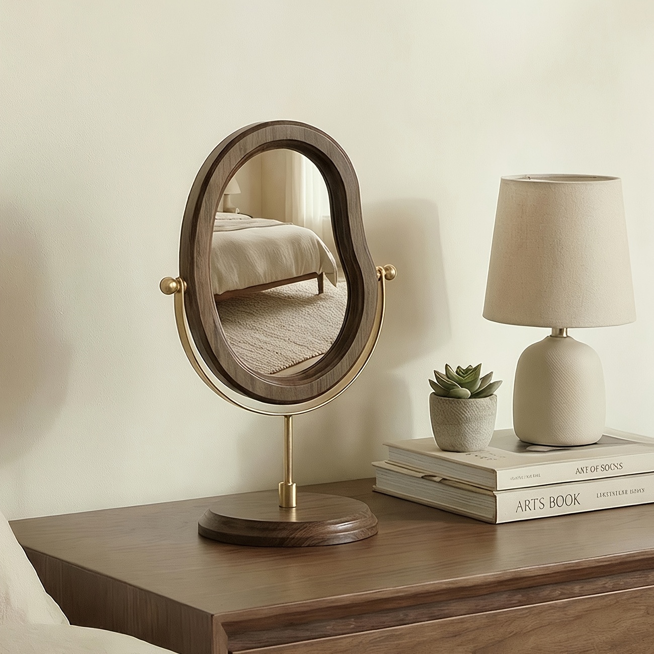 1pc Retro Bedroom Desktop Mirror Solid Wood Makeup Mirror Home Desktop Wooden Chinese Style Upright Rotatable Dressing Table Mirror