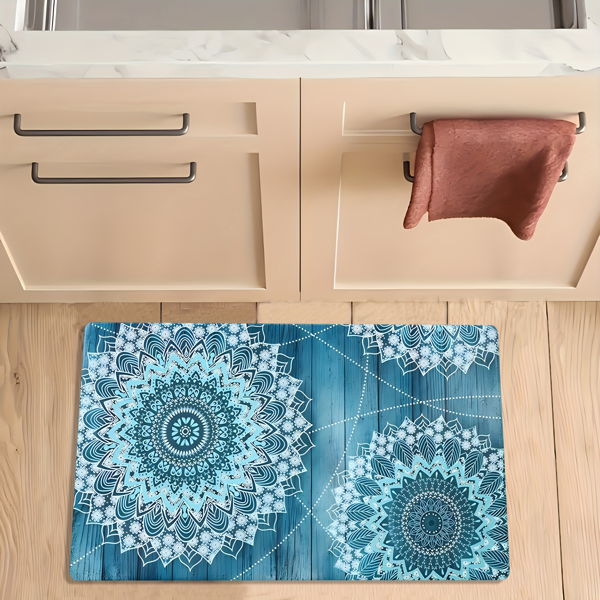 TEMU 1pc Bohemian Floral Carpet Compatible For Living Room Bedroom Kitchen - Thick Soft Rug With Mandala Flower, Machine Washable Non-slip Mat