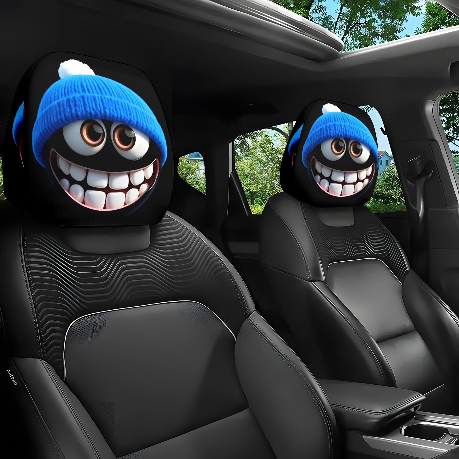 2pcs Car Headrest Covers, Character With Big Eyes Smiling Theme Print Pattern Neck Pillow Protector - With Cute Design - Car Interior Cushion Car Interior Lumbar Pillow Car Accessory