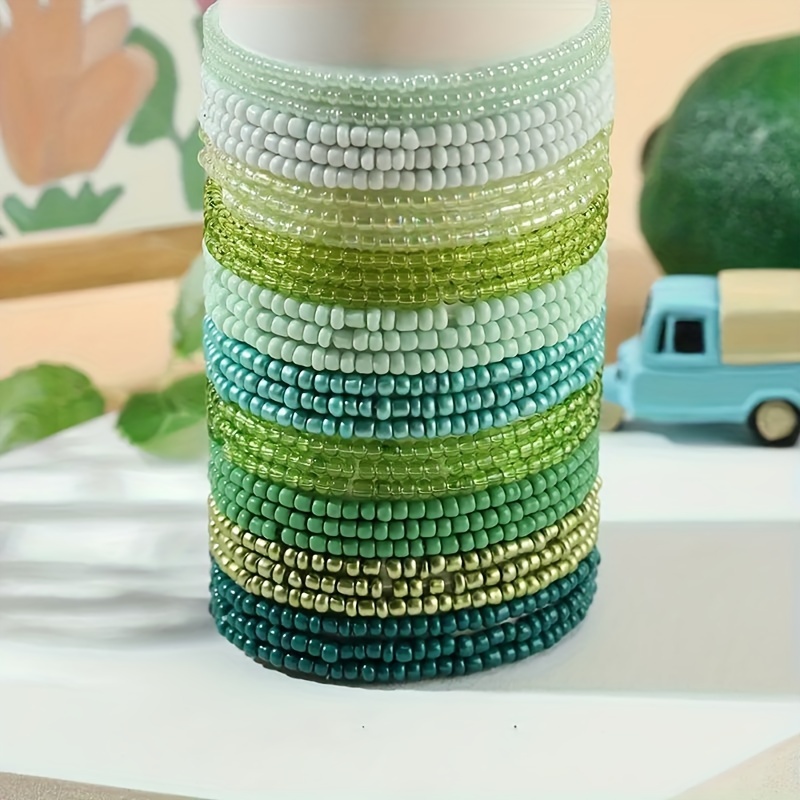 Green Rice Beads Layered Bracelets Set - 10pcs