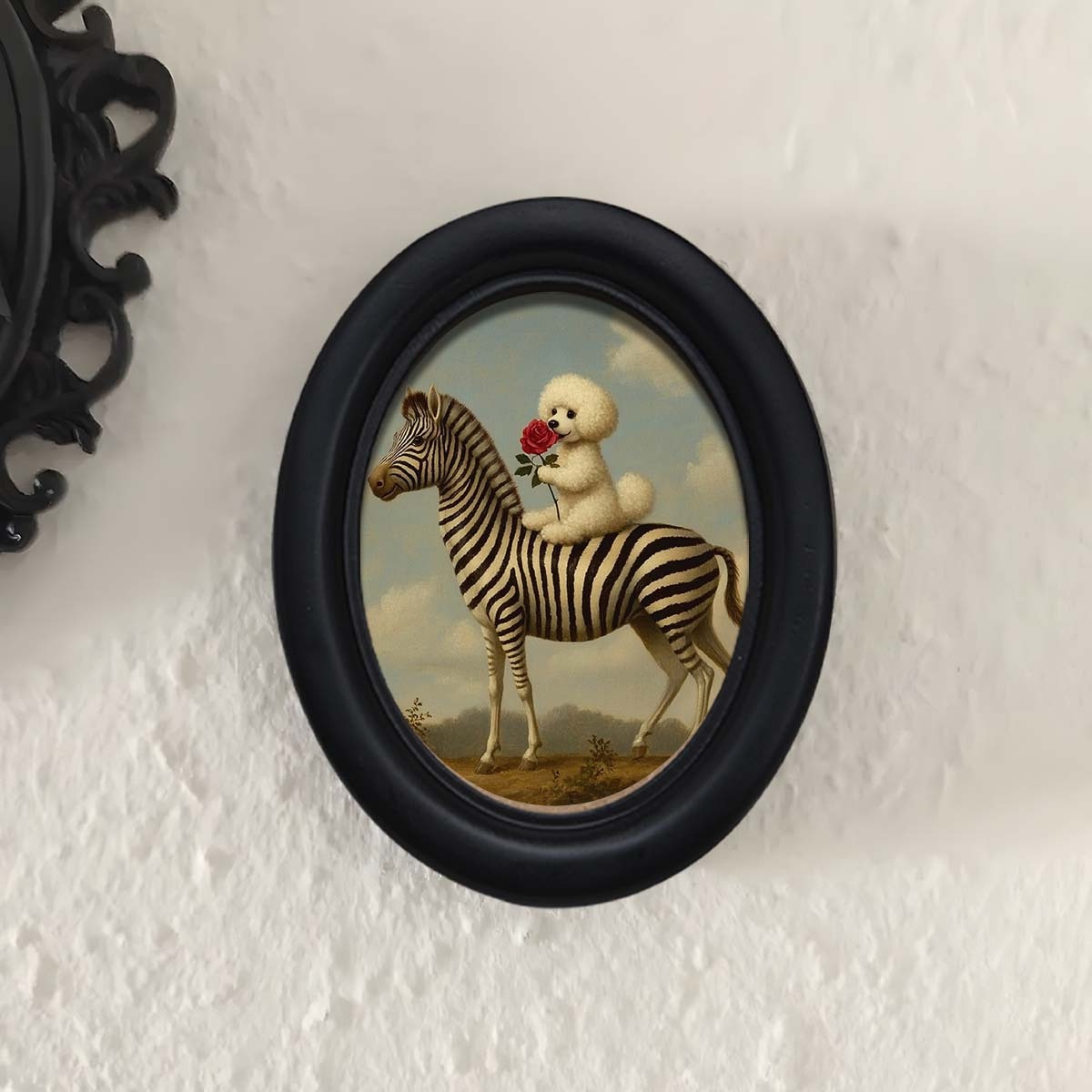 [2d flat] 1pc whimsical teddy bear & zebra framed art - 3d retro oval wooden photo frame (4, 16x5, 25), handmade fiberboard wall decor for living room, bedroom, or halloween, rustic farmhouse style with black ornate border, teddy bear decor 0