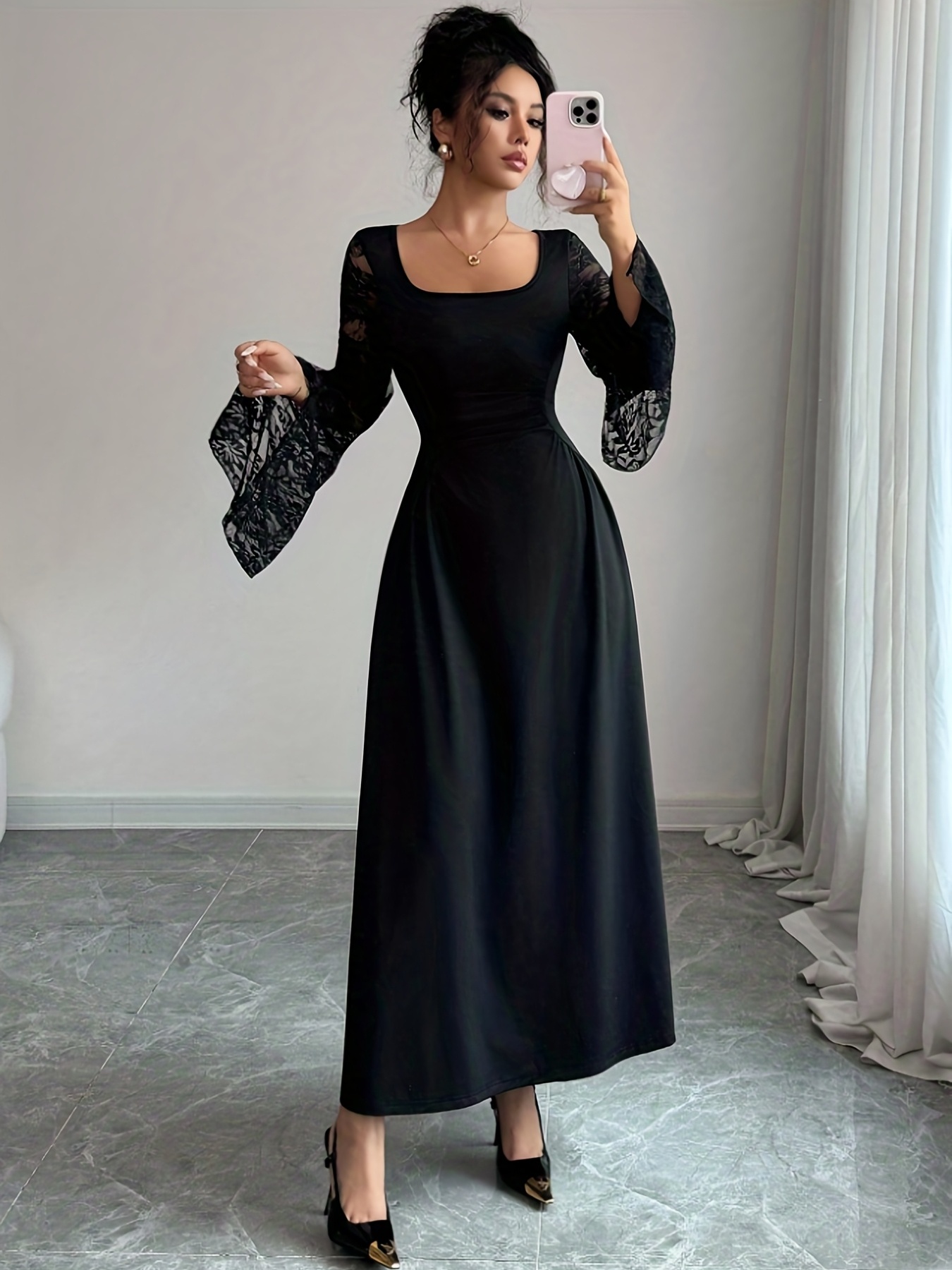 princess polly baby blue dress Christmas Colorful Ornaments Holidays Black Dress Women Boho High Waist Flared Puff Sleeve Cute Sweetheart Midi Dress Black-2XS main image 0