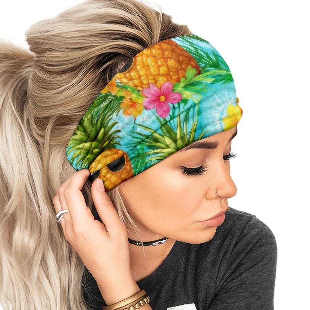 1pc womens wide headband featuring a   and   stretchy thick and elastic for workouts running gym and casual use with a vibrant hawaiian summer pattern anti slip fit and bohemian hair accessory