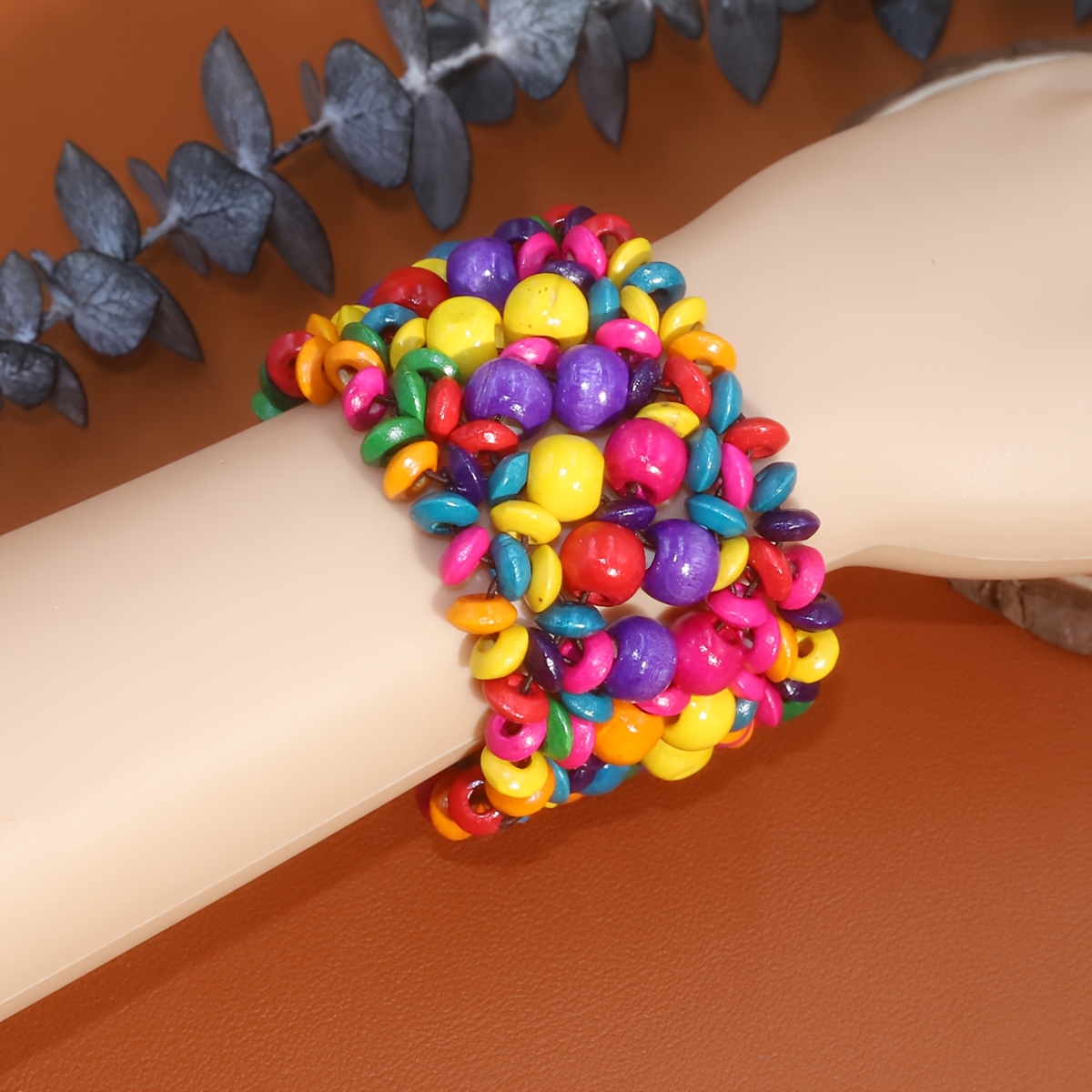 TEMU 1pc Handmade Bohemian Elastic Bracelet With Multicolor Wood Beads - Stretchy Vacation Jewelry For Women, Carnival Festival Gift & Wear, Beach