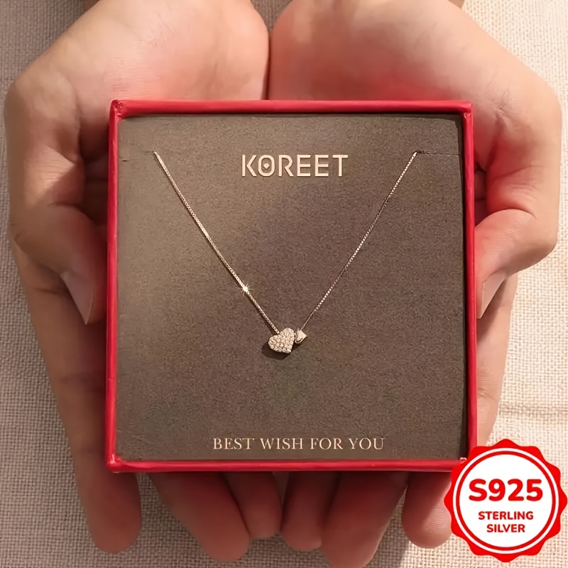 TEMU S925 Sterling Silver Women's Necklace, Sparkling Synthetic Zirconia Heart-shaped Pendant, Minimalist Collarbone Chain, Low Allergy, Stylish And