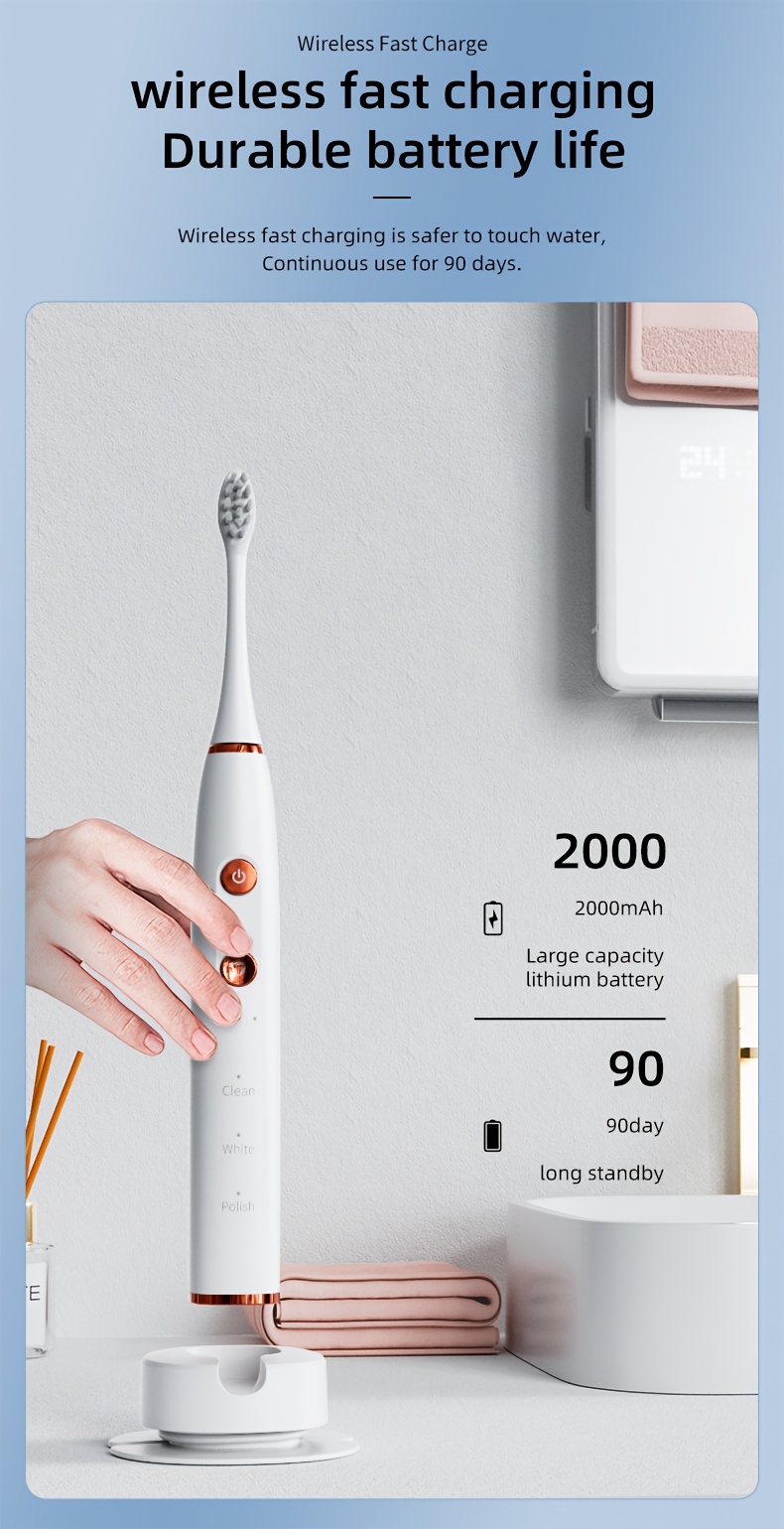 Sonic Electric Toothbrush | 9 Modes From 3 Types & 3 Intensities, Safe Wireless Charging, 2000Mah Battery (90+ Days), Travel Case, Powerful Cleaning For Teeth & Plaque