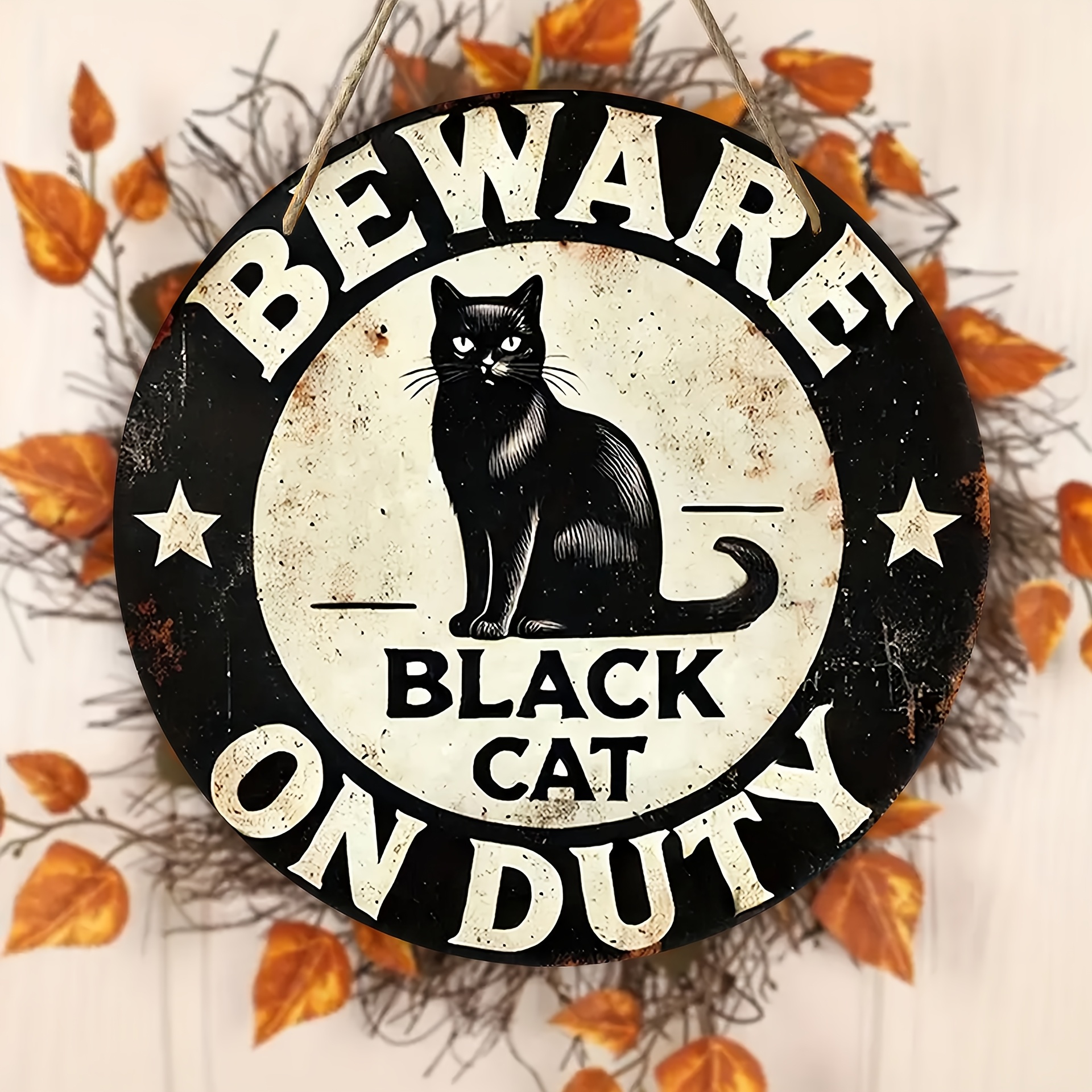 

Beware Of Black Cat " 8-inch Round Wooden Sign | Rustic Home, Bar & Club Wall Decor With Pre-drilled Holes & Hanging Rope | High- Print Of Black Cat Silhouette