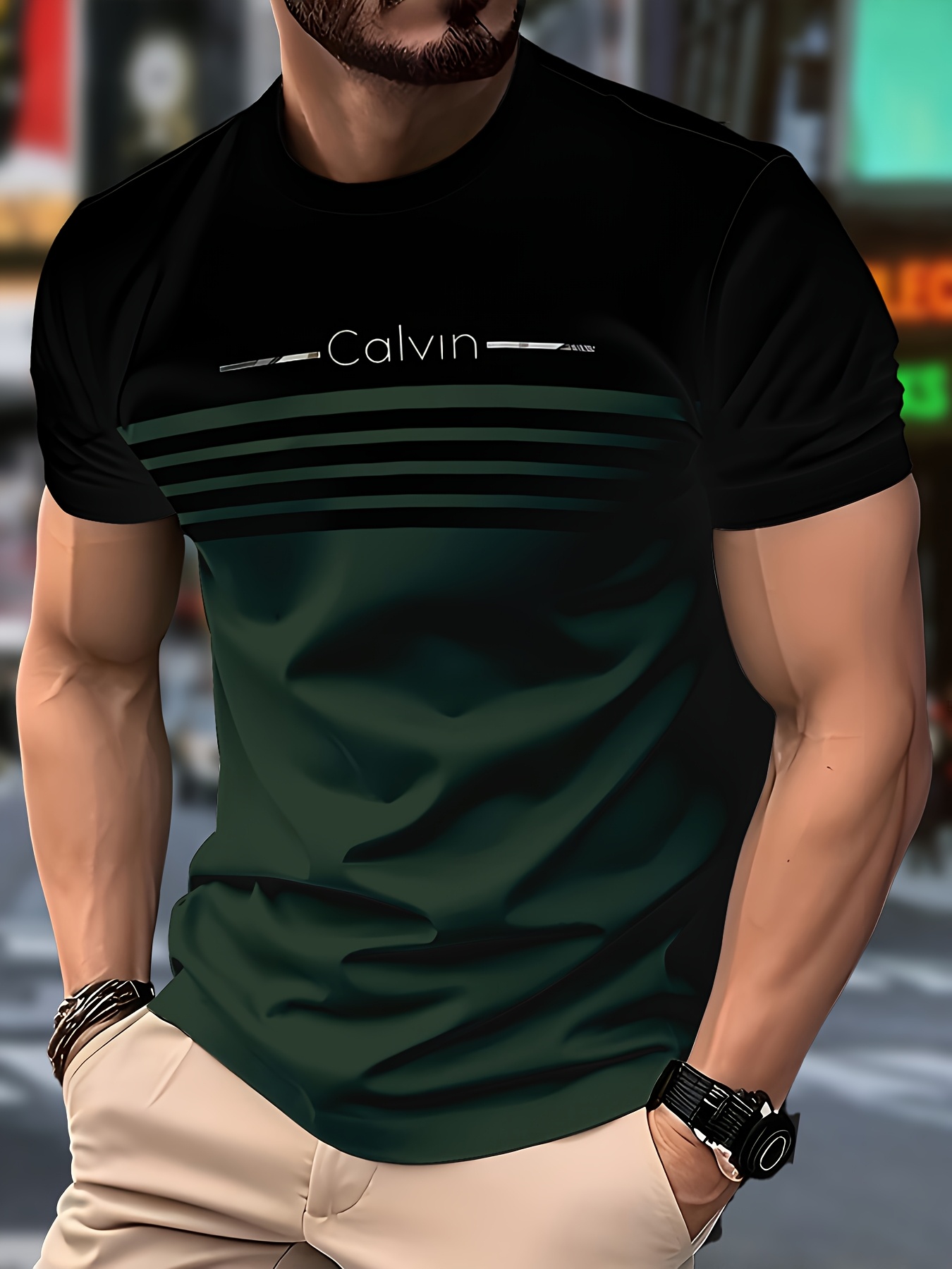 Camiseta ligera y transpirable para hombre con diseño de rayas color block, cuello redondo, mangas cortas, ajuste cómodo para todas las estaciones, adecuada para ropa casual y semi-formal, ropa versátil, estilo casual moderno, construcción duradera