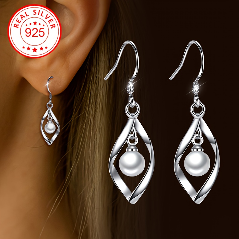 

1 Paire, Boucles d'Oreilles Pendantes pour Femmes, Creux + Incrusté de Perle de Coquillage + Boucles d'Oreilles Pendantes, Argent S925, Élégant Assortiment pour Banquet de Mariage, Faible Allergie