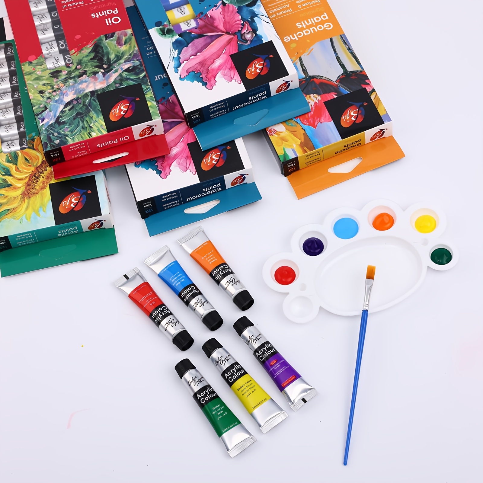 Beginner's Acrylic Paint Set with 12 Colors and 3 Brushes