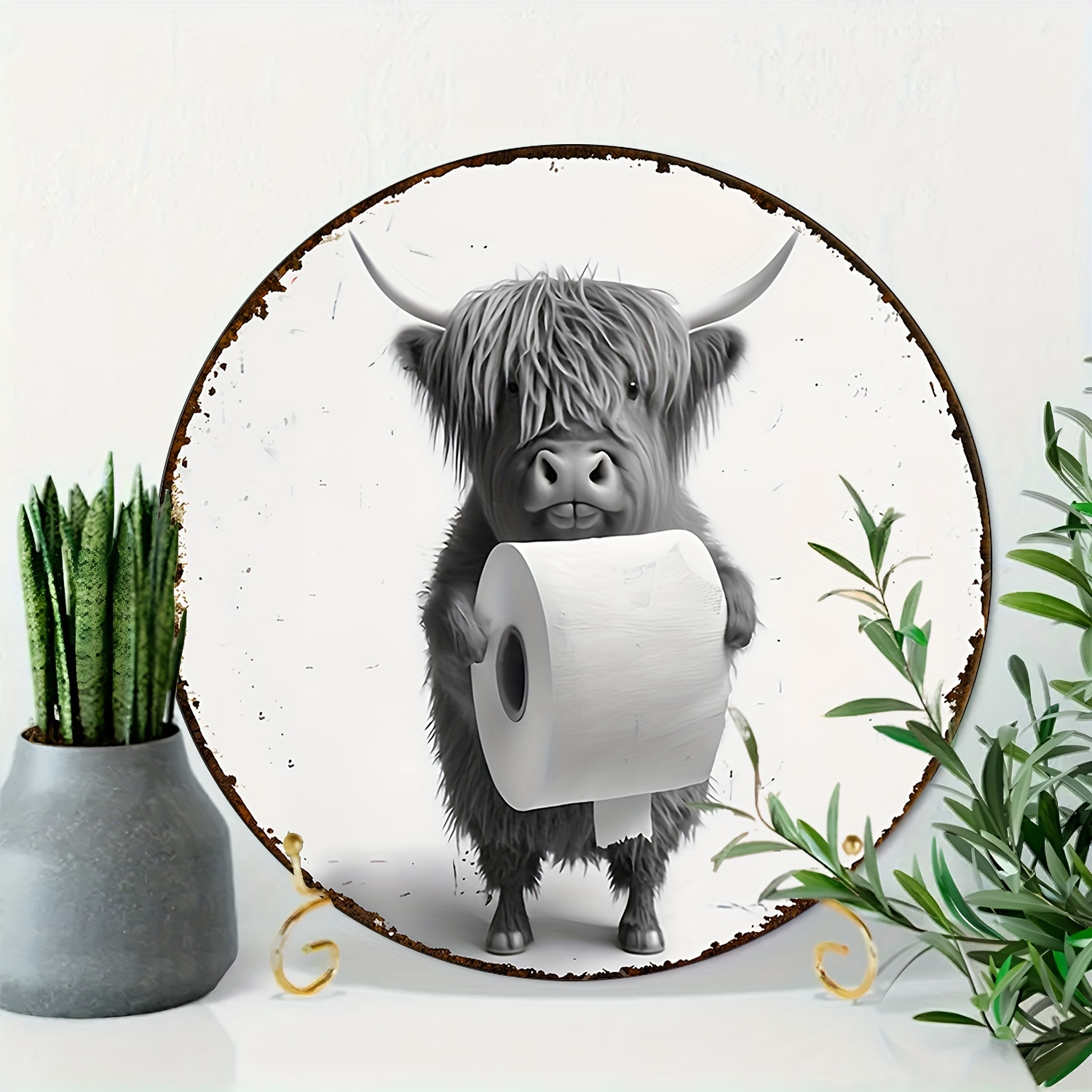 

1pc 8 X 8 "aluminum Round Metal Signage, Cute Highland Cow, Bathroom Wall Hanging Butt Napkin Logo, Paper Suitable For Home, Bathroom, Coffee Shop, Door Decoration Round Love Art Aesthetics, Gifts