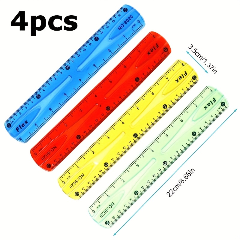 Image of Set Of 4 Assorted Color 20cm Flexible Rulers (blue, Red, Yellow, Green) - Soft And Plastic Measuring Tool, Ideal For Drawing At Home Or