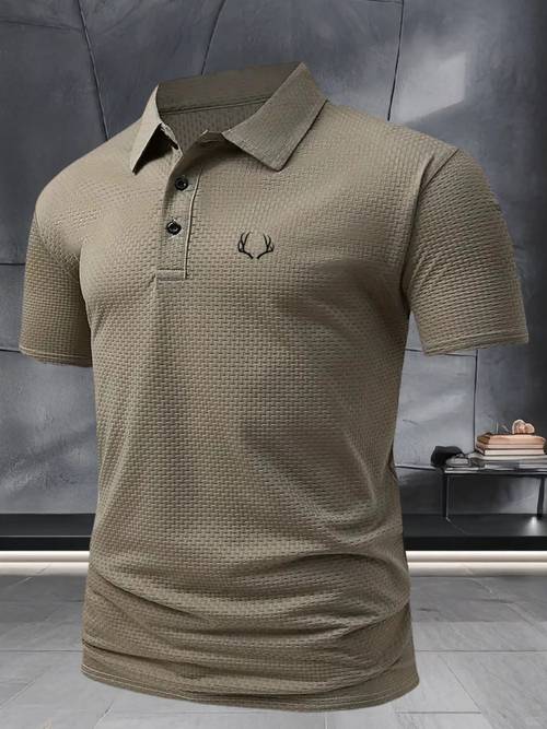 fs564 mens business casual shirt with horn pattern print quick dry wrinkle resistant iron free collared short sleeve t shirt breathable commuter versatile top in solid color for summer