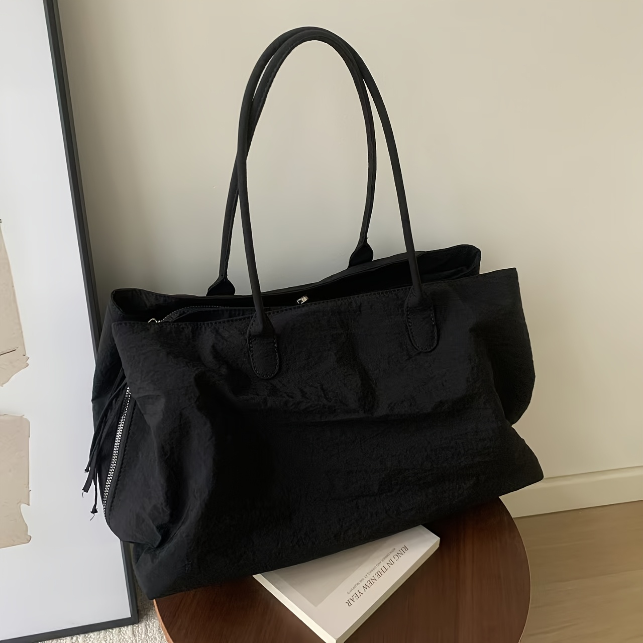 TEMU Women'-shoulder Bag, Black Minimalist Large-capacity Tote Bag With Multiple Compartments, Nylon High Quality Laptop Bag, Gym Bag, Handheld