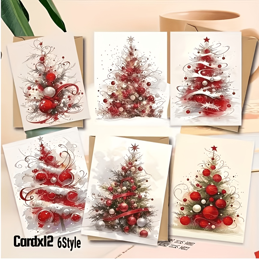 TEMU 12pcs Christmas Tree Cards With Envelopes, 6-set Greeting Card Set - Christmas Holiday Design, 6 Styles Trees, Blank Card Inserts, Foldable