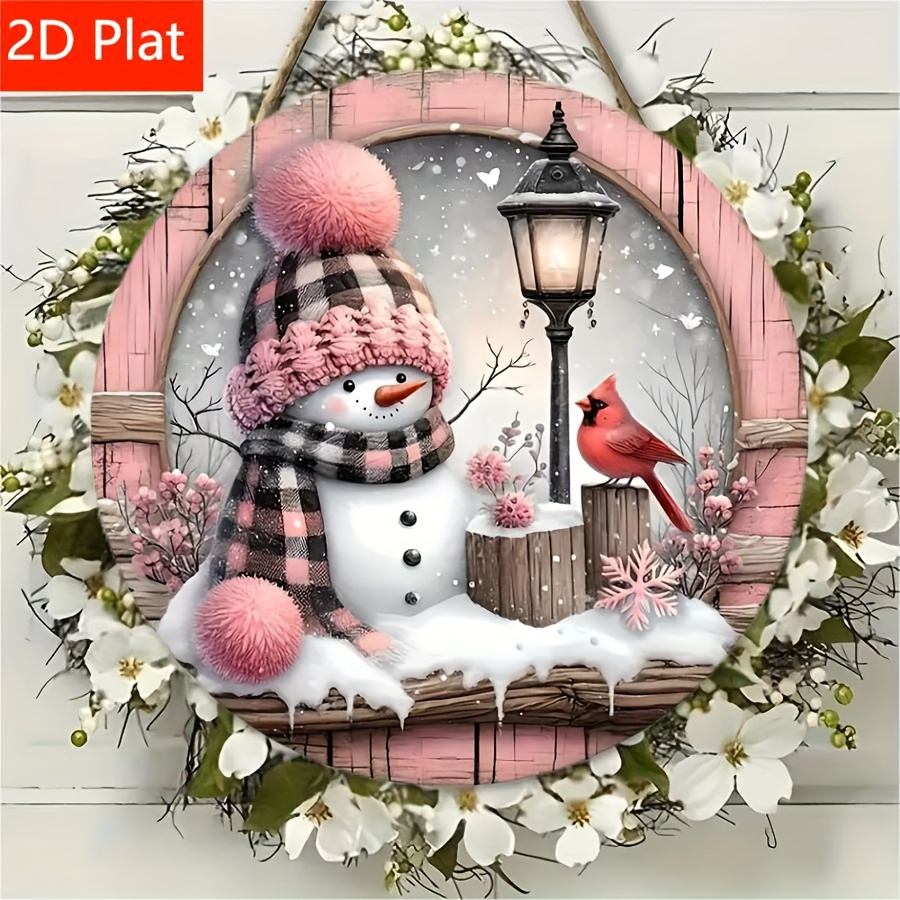 

Pink Snowman & Wreath Sign - 8" Round Wooden Plaque For Christmas Decor, Door, Wall, Porch & Garden, Outdoor Christmas Decorations