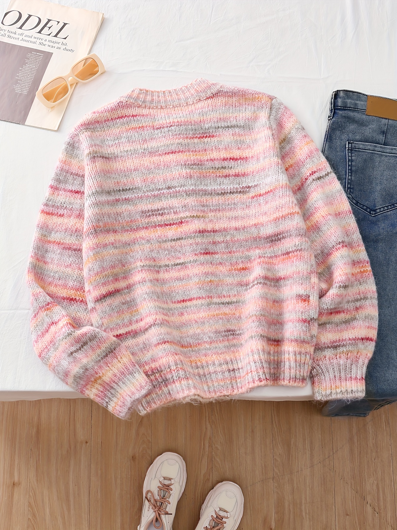 Women's Elegant Rainbow Striped Button-Front Cardigan Soft Wool Long  Sleeve Sweater with Round Neck, Machine Washable Chic Outerwear, Cut
