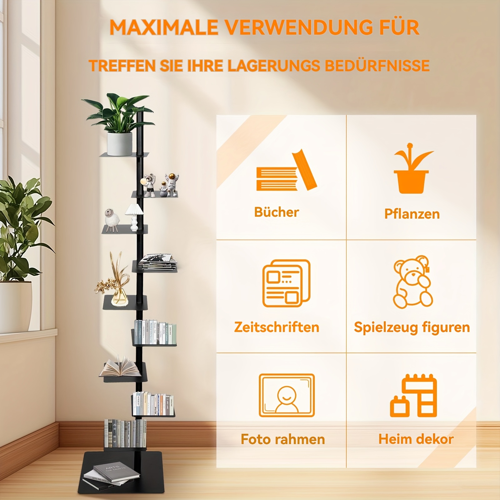 Spine Bookshelf | 9-layer Stylish Metal Bookshelf | Vertical Standing Book Tower | Study Bookshelf | Decorative Storage Rack for Decoration, Books, Storage, Bookcase, Small Plants